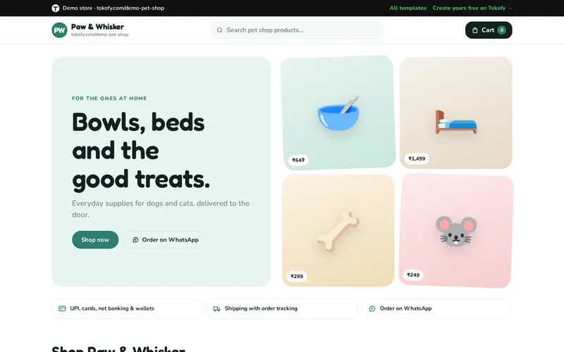 Preview of the Pet Shop template: Paw & Whisker demo store